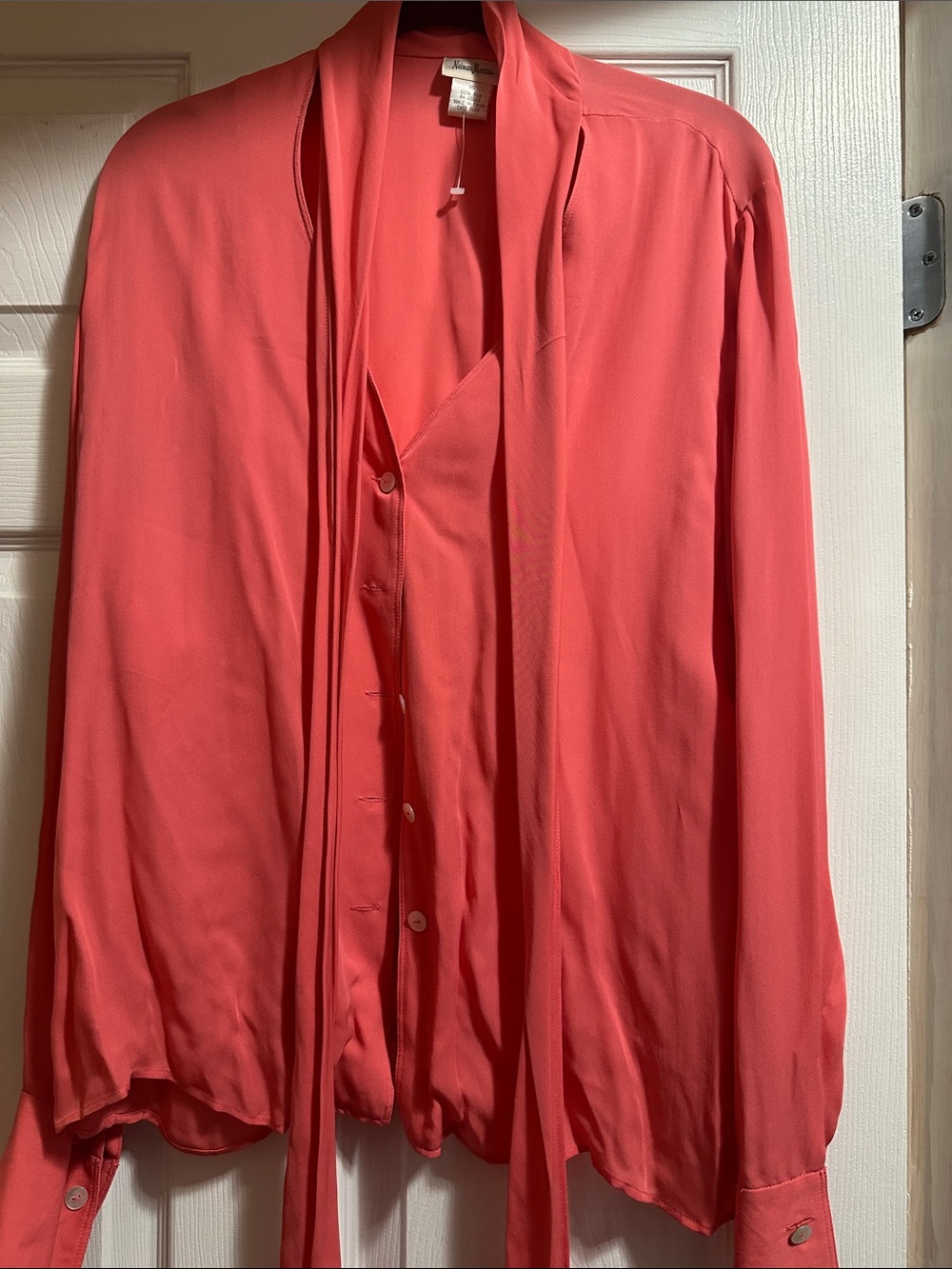 Neiman Marcus Coral Silk Tie-Neck Blouse